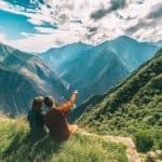 Choquequirao trek Andes mountains Happy couple DTT couply enjoying inca site during the private inca trail trek