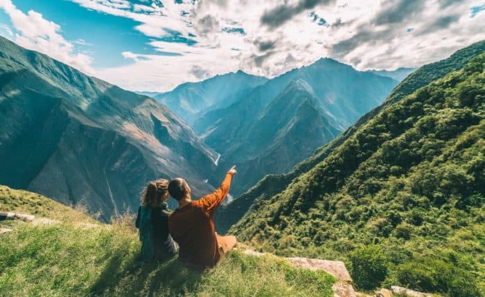 couply enjoying inca site during the private inca trail trek