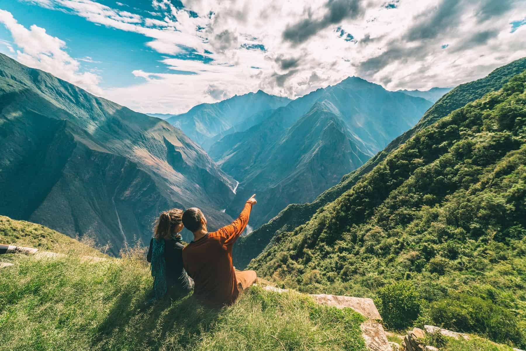 couply enjoying inca site during the private inca trail trek