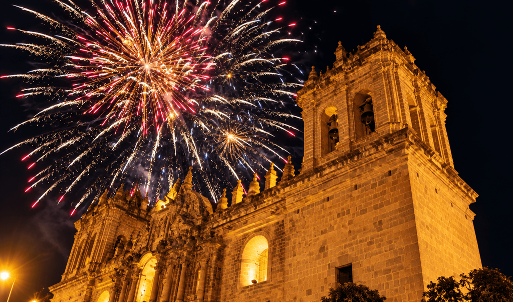 new years firework, cusco cathedral, peru