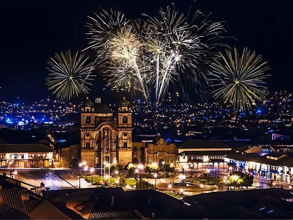 new years firework at plaza de armas in cusco, peru