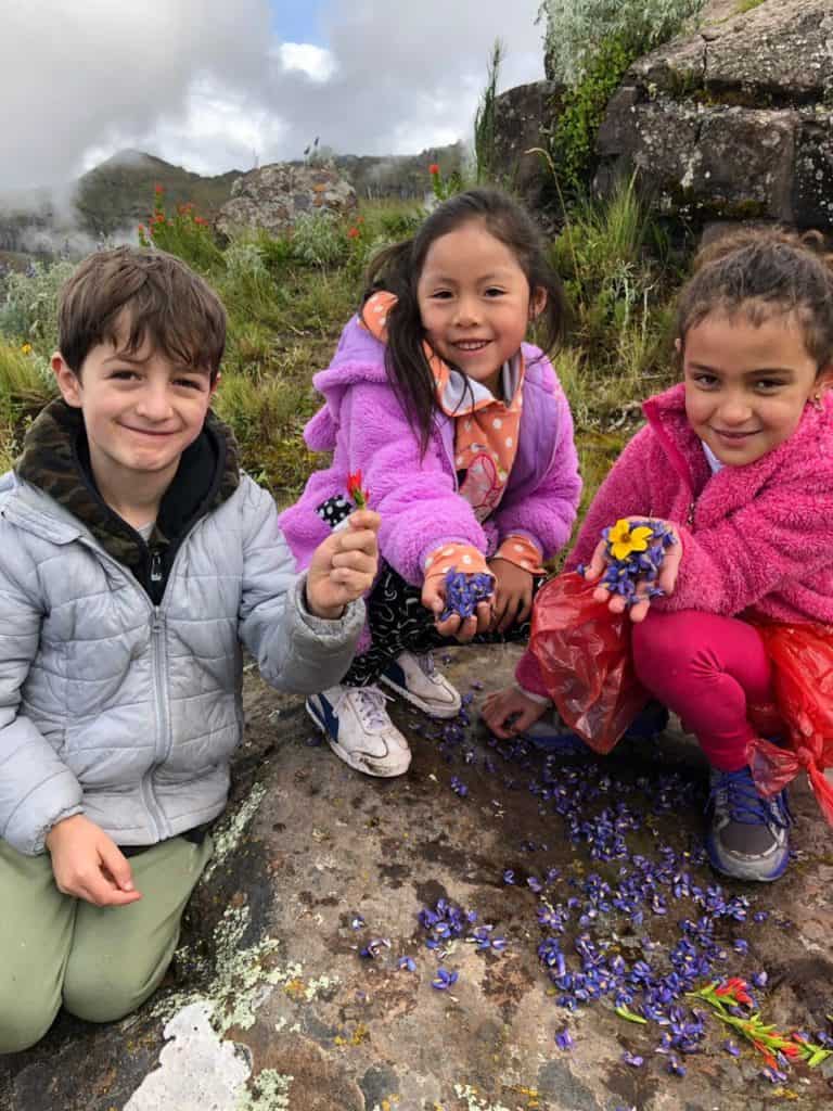 Kids collect flowers