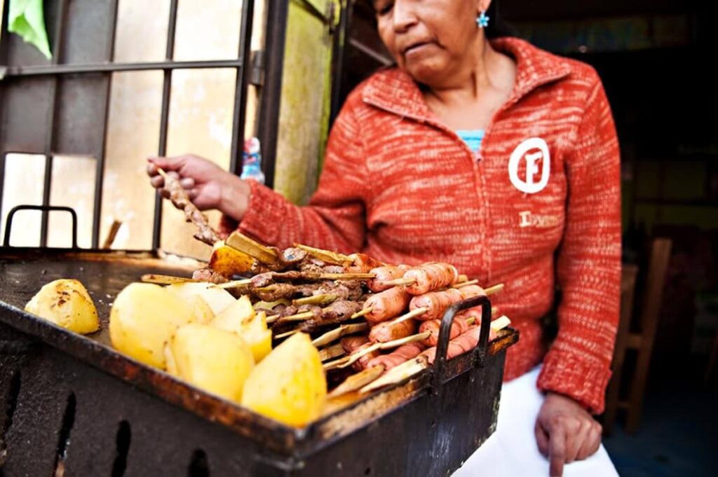 grilled street food in peru, anticucho