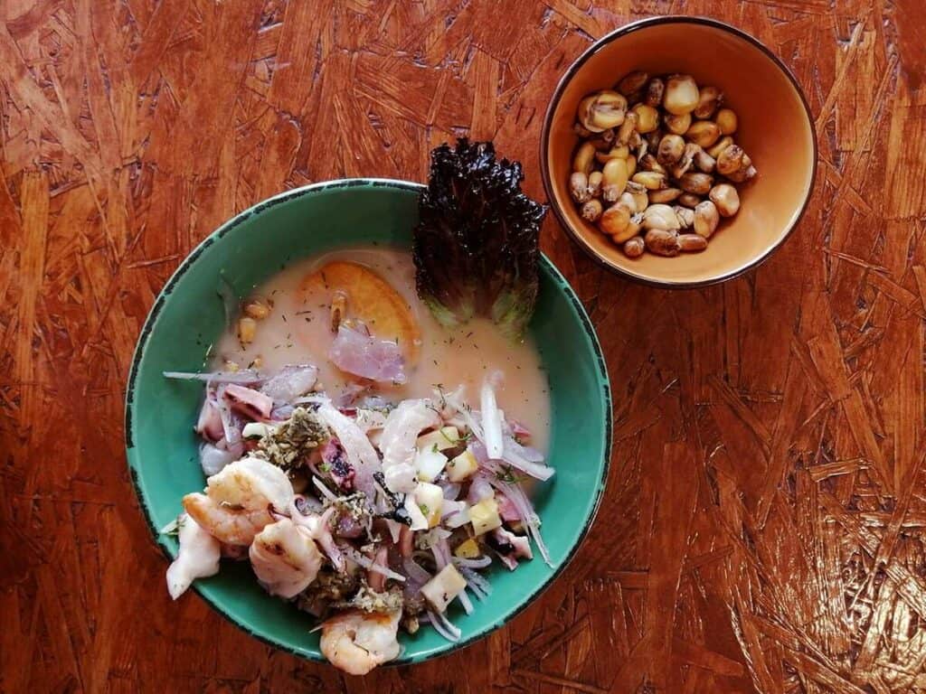 ceviche with fried corn, peru food