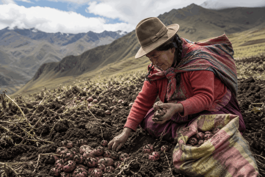 mamita harvesting potatoes in peru