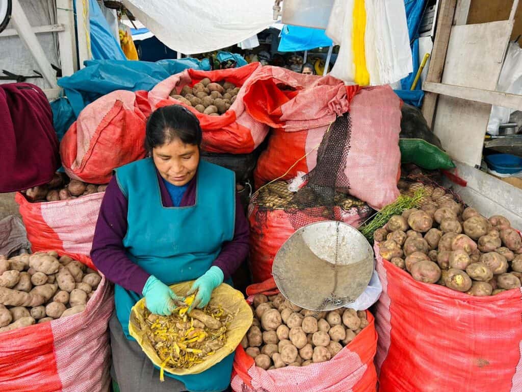 woman selling potatoes at local market in peru