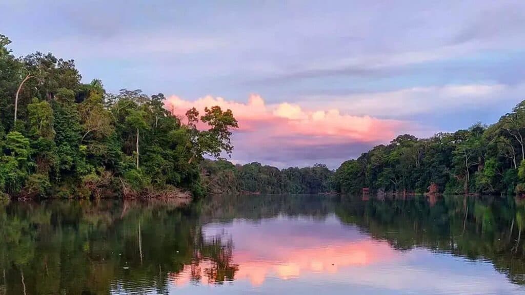 sunset at river of manu national park in peru